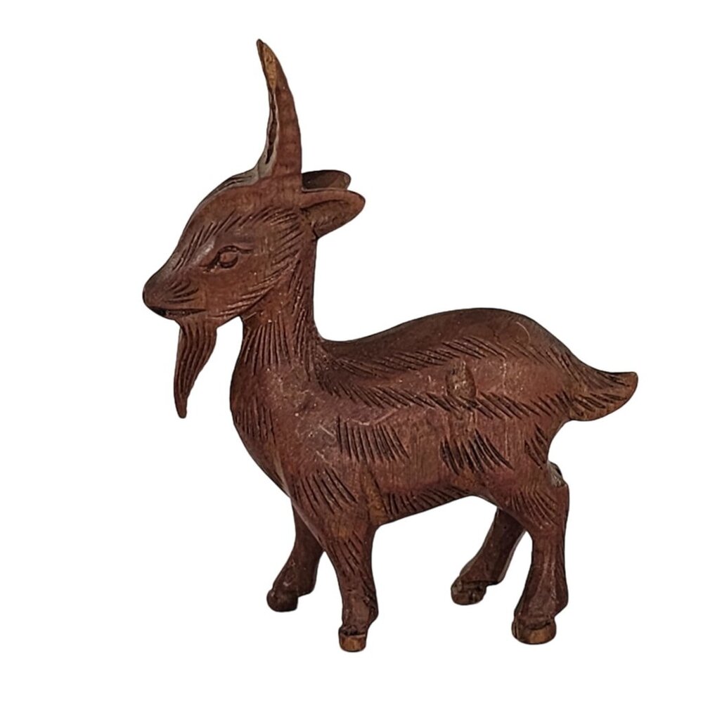 Handcrafted Wooden Goat Figurine Carved Miniature Dark Wood Signed
